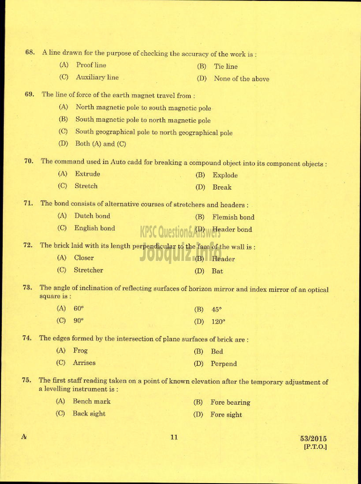 Kerala PSC Question Paper - TRADESMAN SURVEY TECHNICAL EDUCATION TVM-9