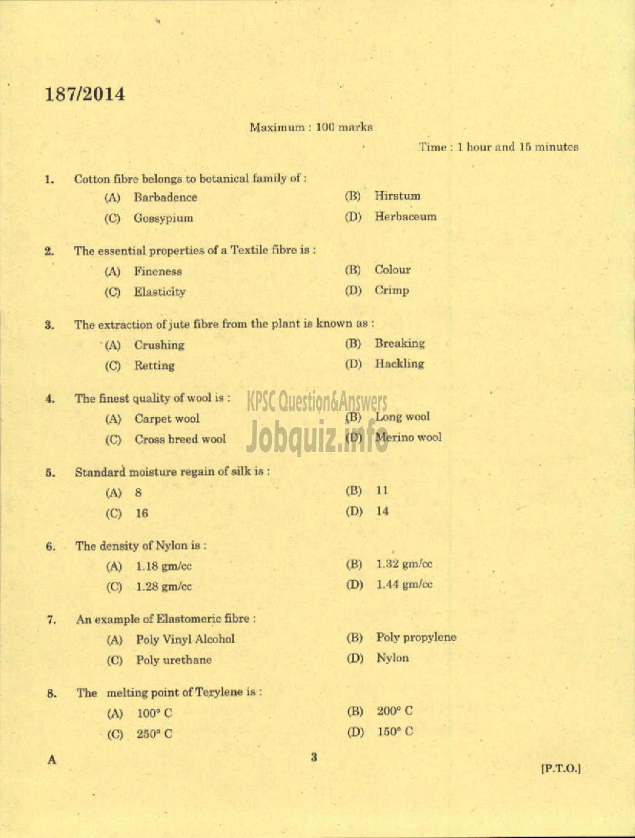 Kerala PSC Question Paper - TRADESMAN TEXTILE TECHNOLOGY TECHNICAL EDUCATION THRISSUR-1