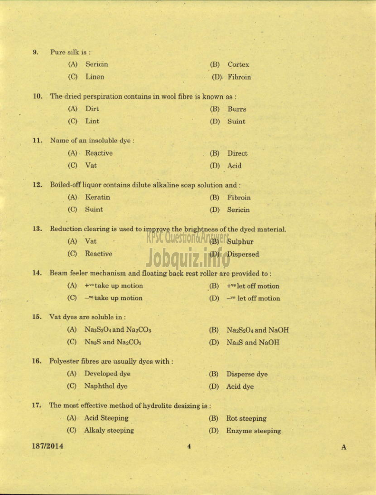 Kerala PSC Question Paper - TRADESMAN TEXTILE TECHNOLOGY TECHNICAL EDUCATION THRISSUR-2