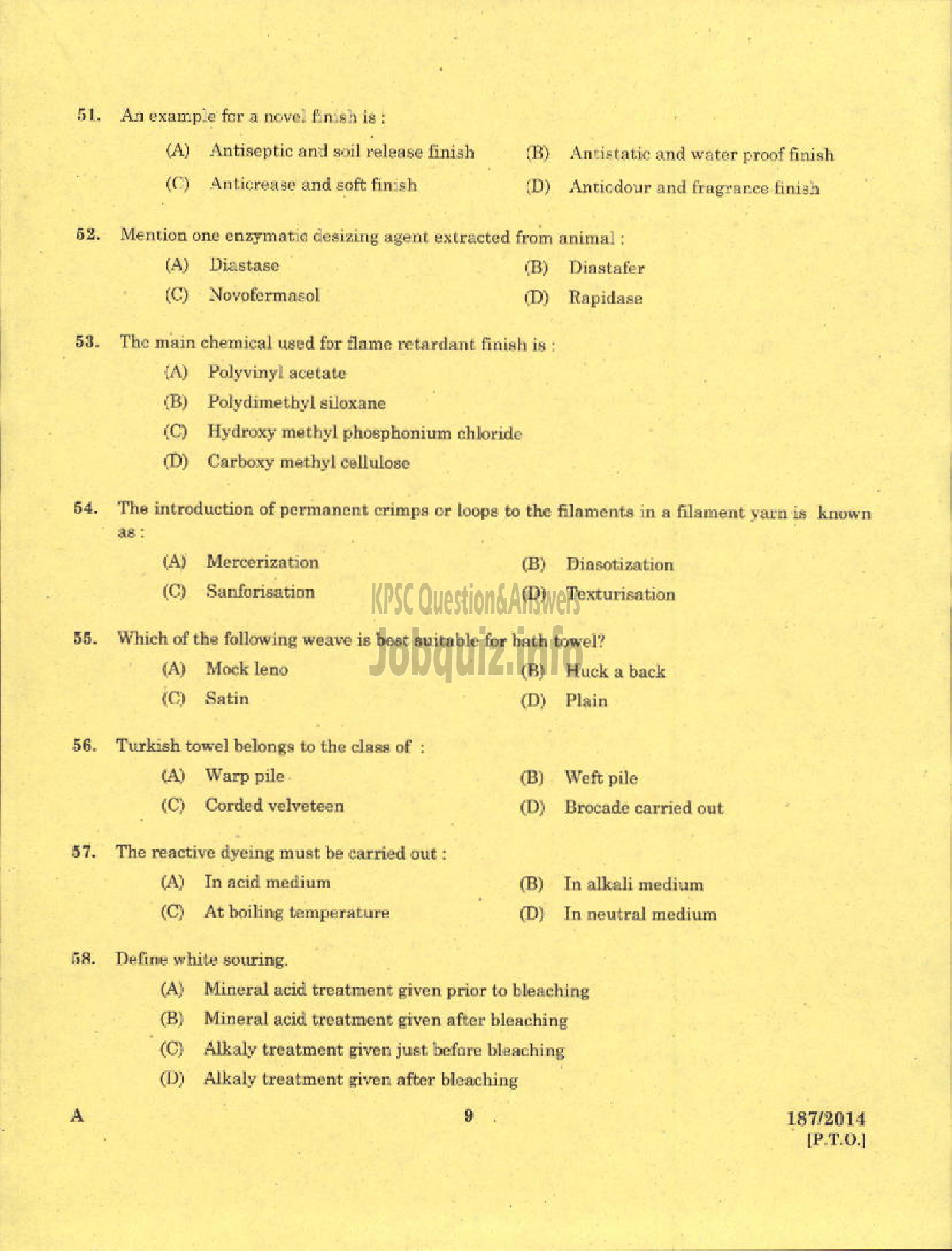 Kerala PSC Question Paper - TRADESMAN TEXTILE TECHNOLOGY TECHNICAL EDUCATION THRISSUR-7
