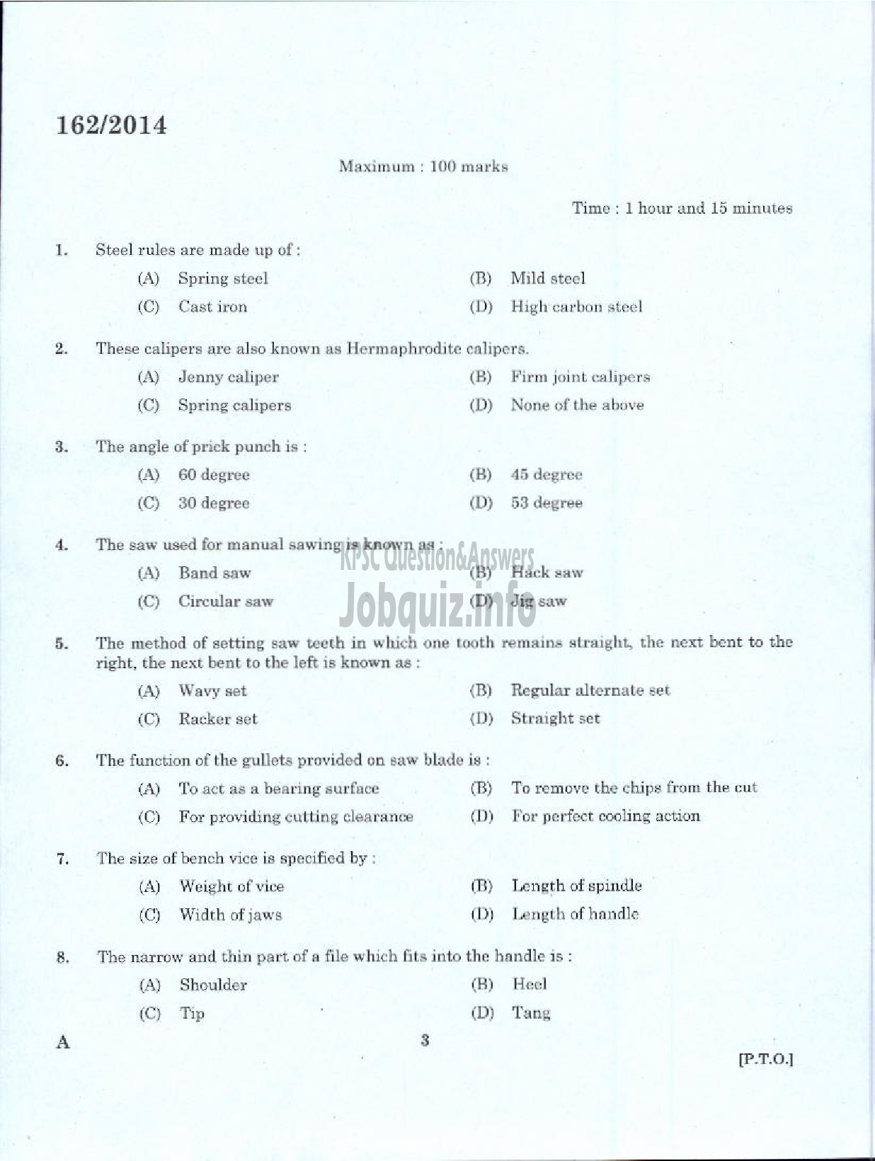 Kerala PSC Question Paper - TRADESMAN TOOL AND DIE MAKING TECHNICAL EDUCATION TSR-1