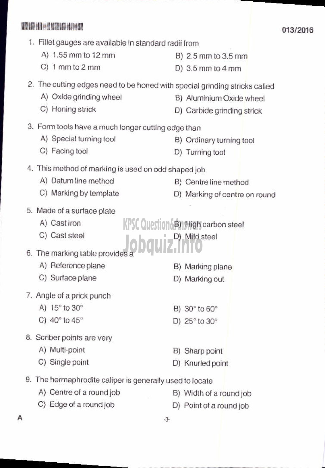 Kerala PSC Question Paper - TRADESMAN TURNING TECHNICAL EDUCATION-1