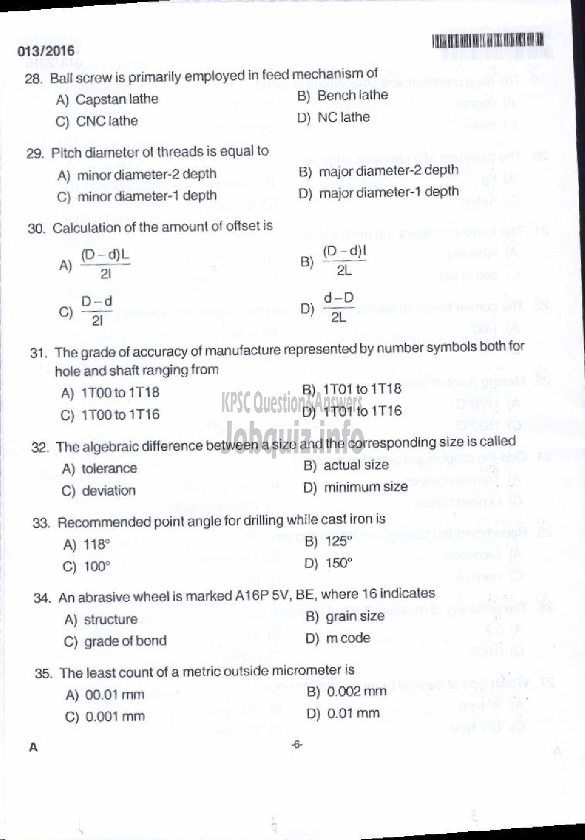 Kerala PSC Question Paper - TRADESMAN TURNING TECHNICAL EDUCATION-2