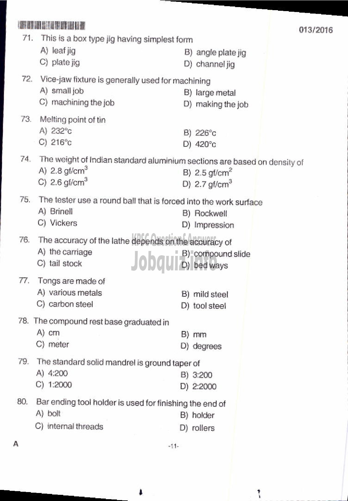 Kerala PSC Question Paper - TRADESMAN TURNING TECHNICAL EDUCATION-7