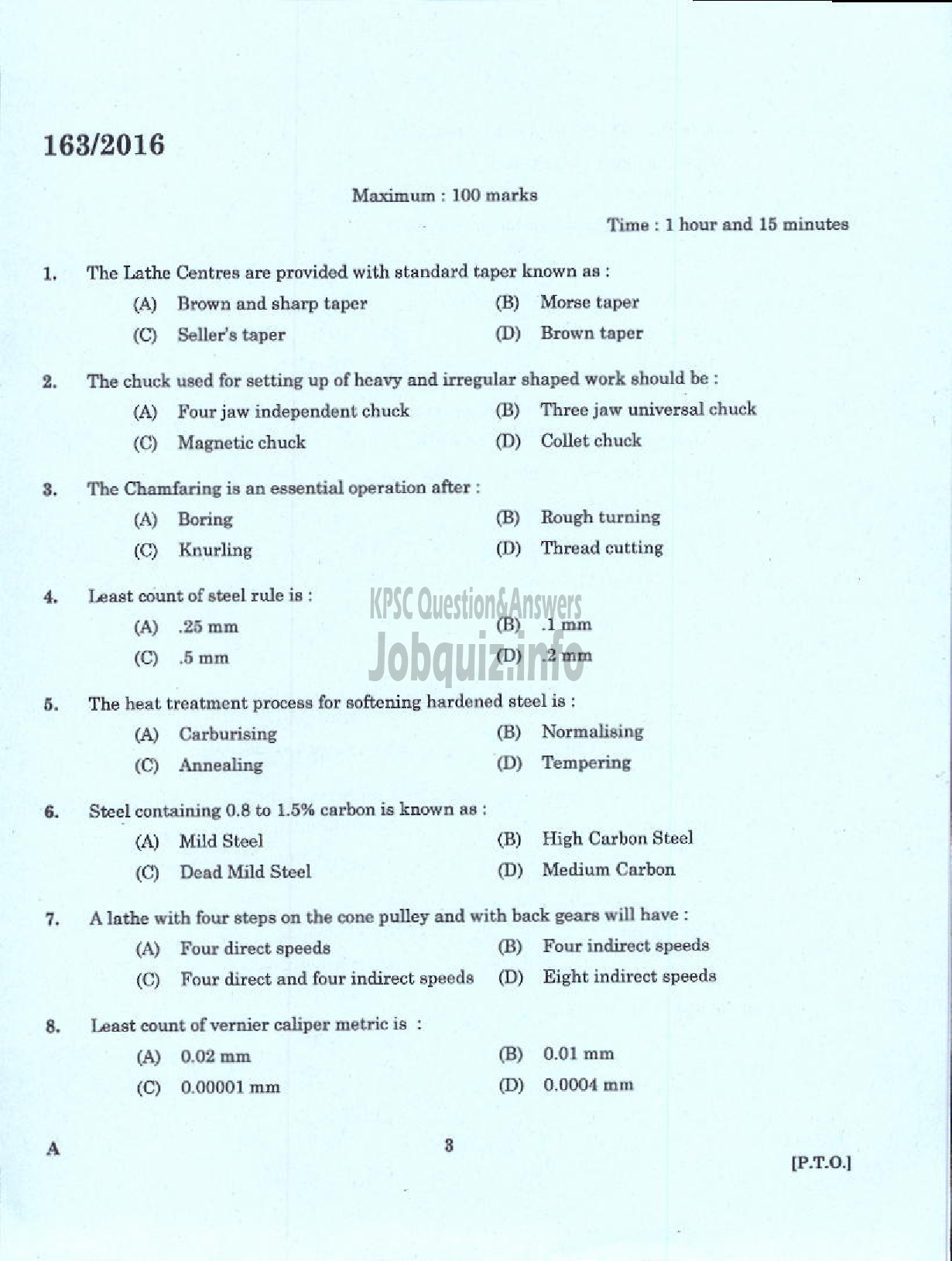 Kerala PSC Question Paper - TRADESMAN TURNING TECHNICAL EDUCATION-1