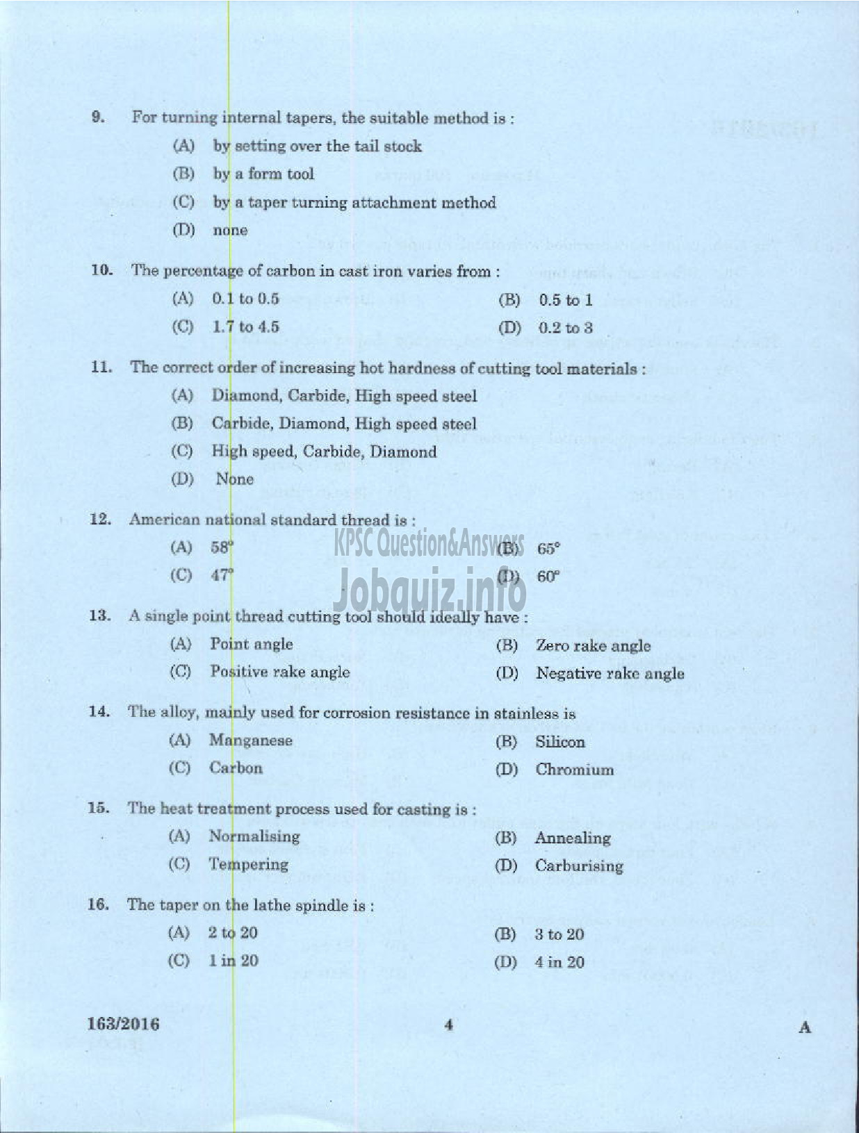 Kerala PSC Question Paper - TRADESMAN TURNING TECHNICAL EDUCATION-2