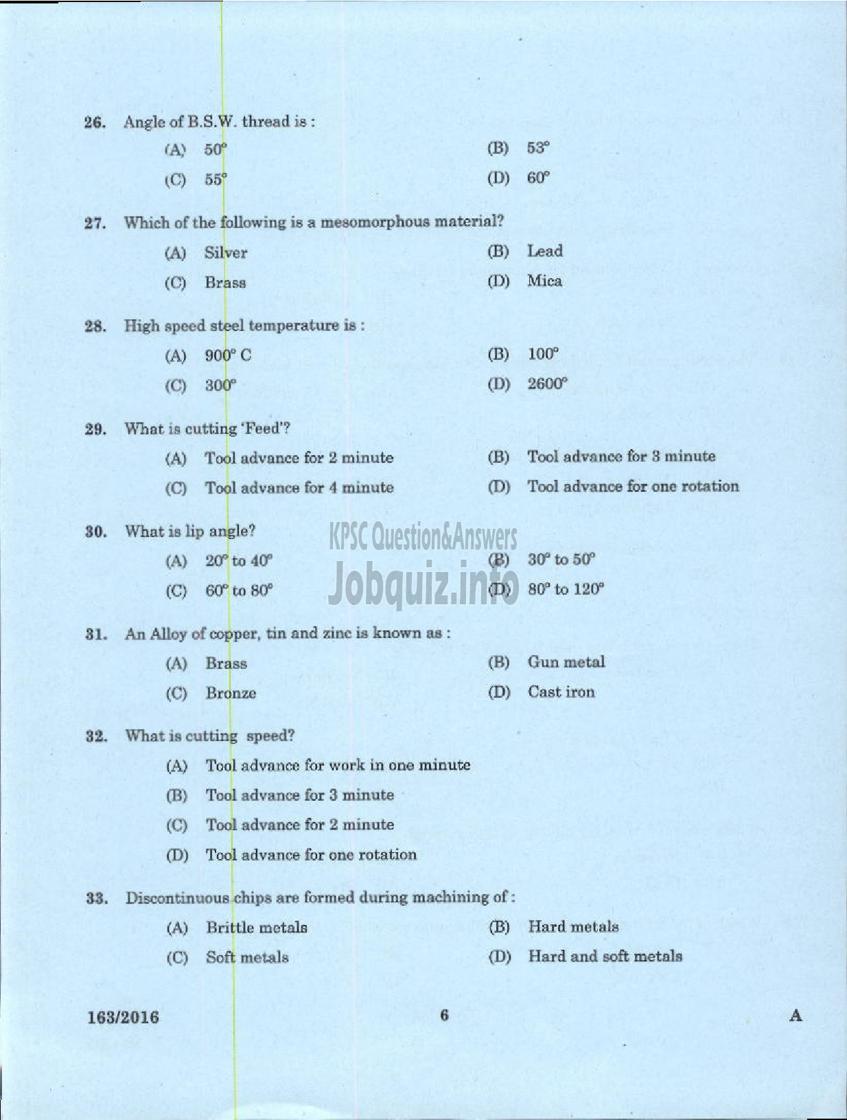 Kerala PSC Question Paper - TRADESMAN TURNING TECHNICAL EDUCATION-4