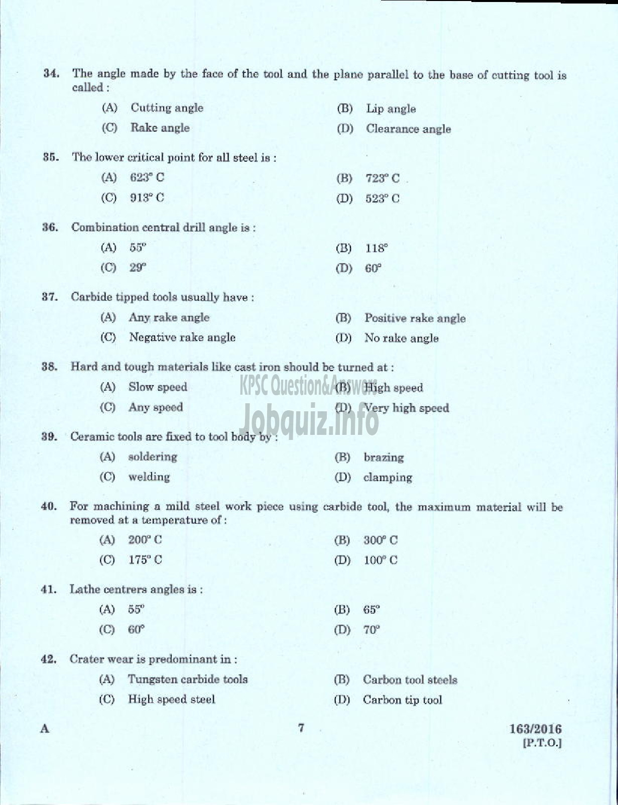 Kerala PSC Question Paper - TRADESMAN TURNING TECHNICAL EDUCATION-5