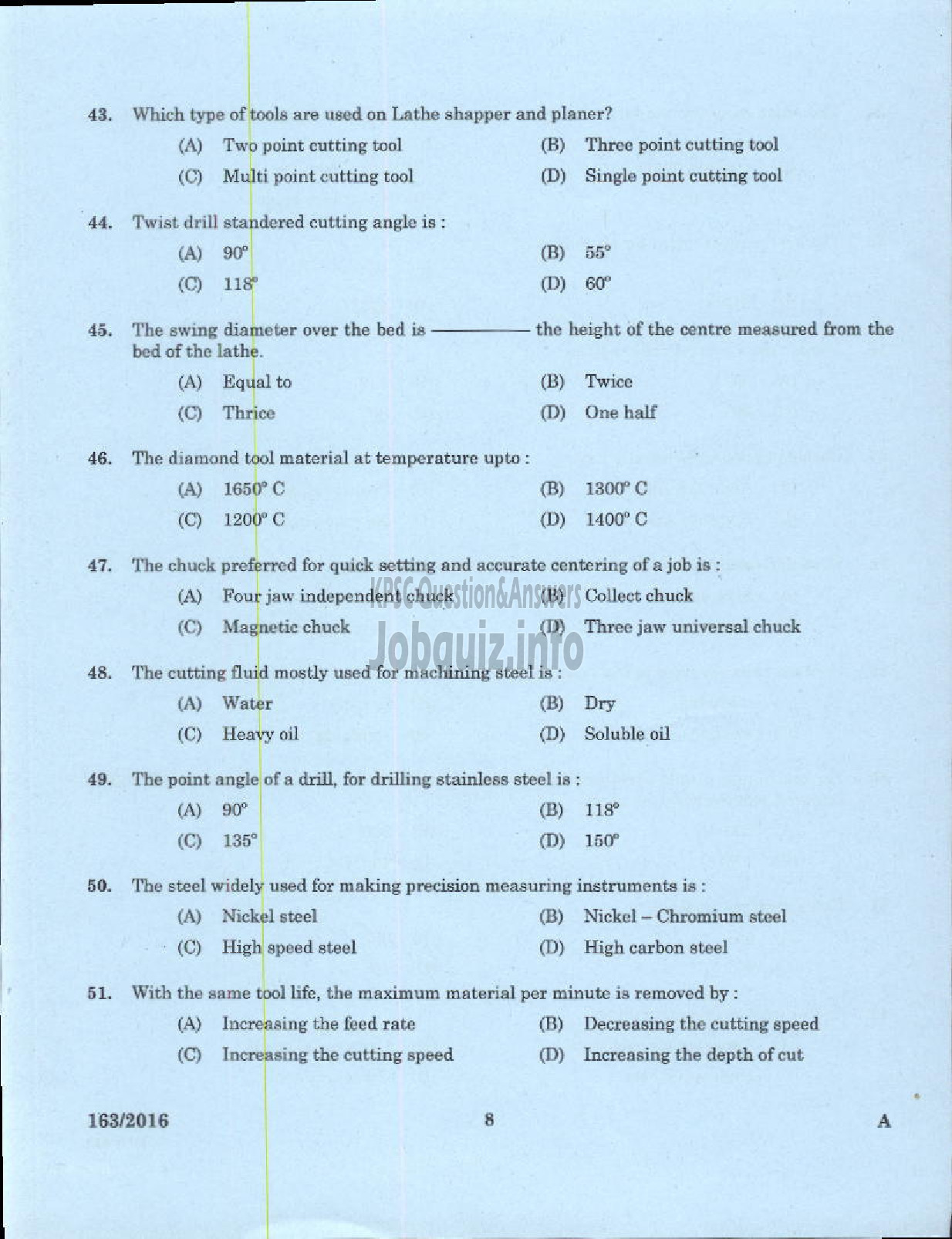 Kerala PSC Question Paper - TRADESMAN TURNING TECHNICAL EDUCATION-6