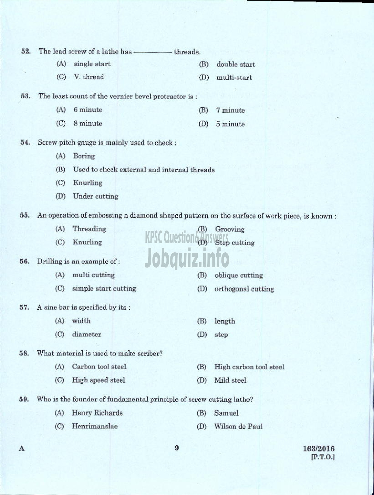 Kerala PSC Question Paper - TRADESMAN TURNING TECHNICAL EDUCATION-7