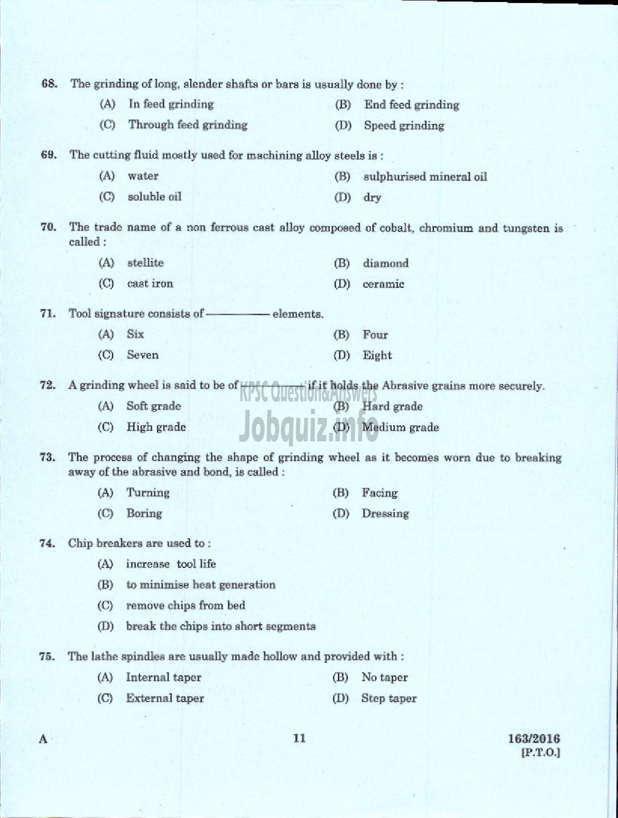 Kerala PSC Question Paper - TRADESMAN TURNING TECHNICAL EDUCATION-9