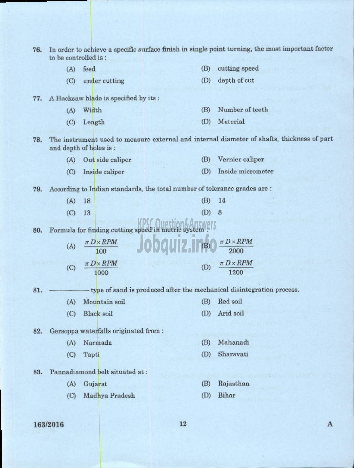 Kerala PSC Question Paper - TRADESMAN TURNING TECHNICAL EDUCATION-10