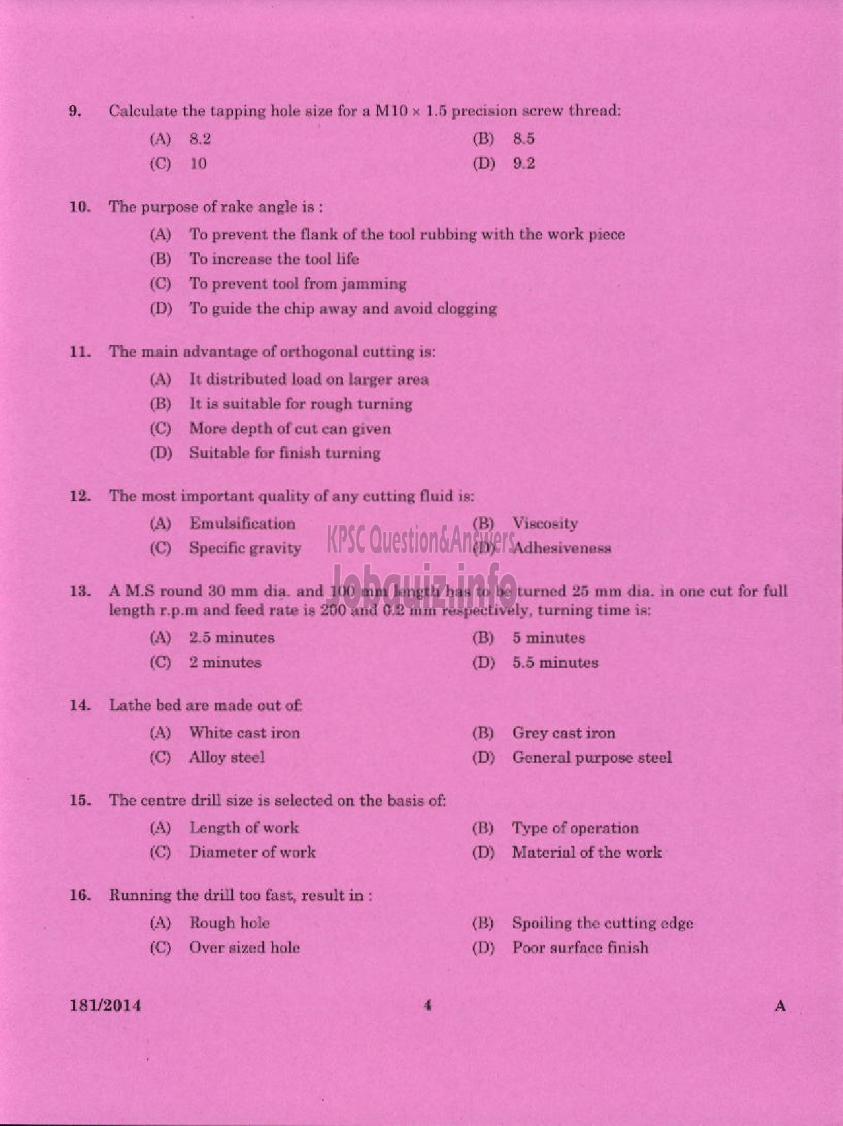 Kerala PSC Question Paper - TRADESMAN TURNING TECHNICAL EDUCATION TVM PKD KGD ( Malayalam ) -2