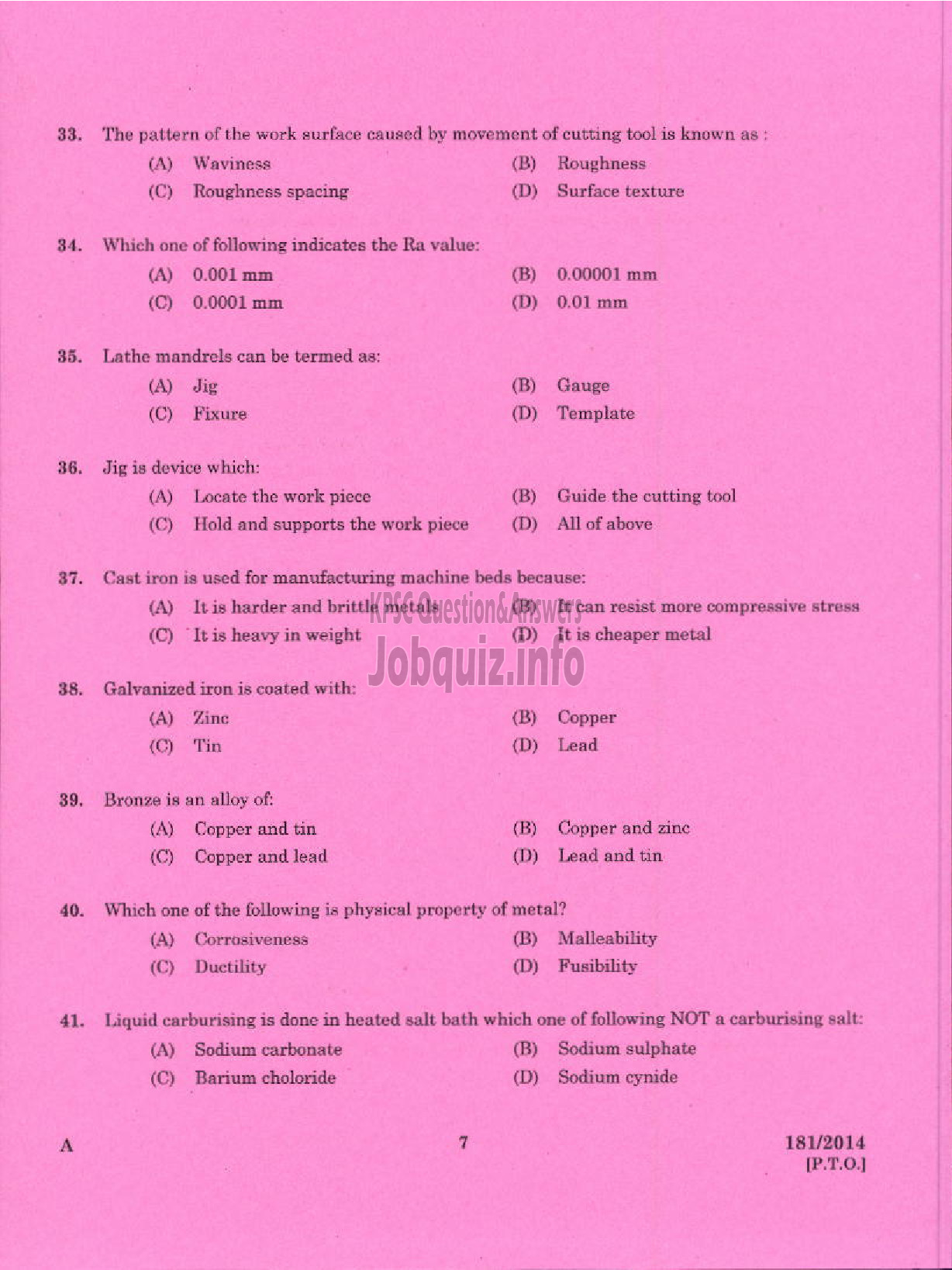 Kerala PSC Question Paper - TRADESMAN TURNING TECHNICAL EDUCATION TVM PKD KGD ( Malayalam ) -5