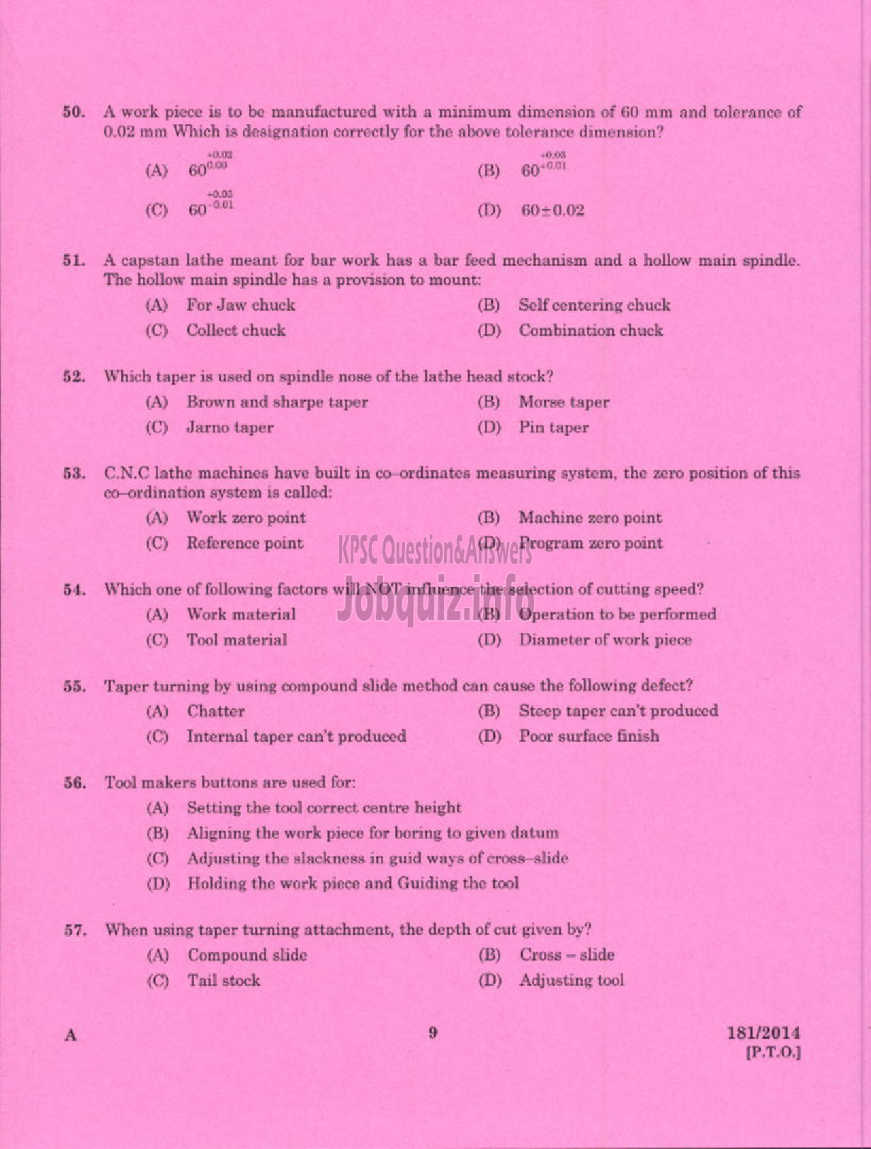 Kerala PSC Question Paper - TRADESMAN TURNING TECHNICAL EDUCATION TVM PKD KGD ( Malayalam ) -7