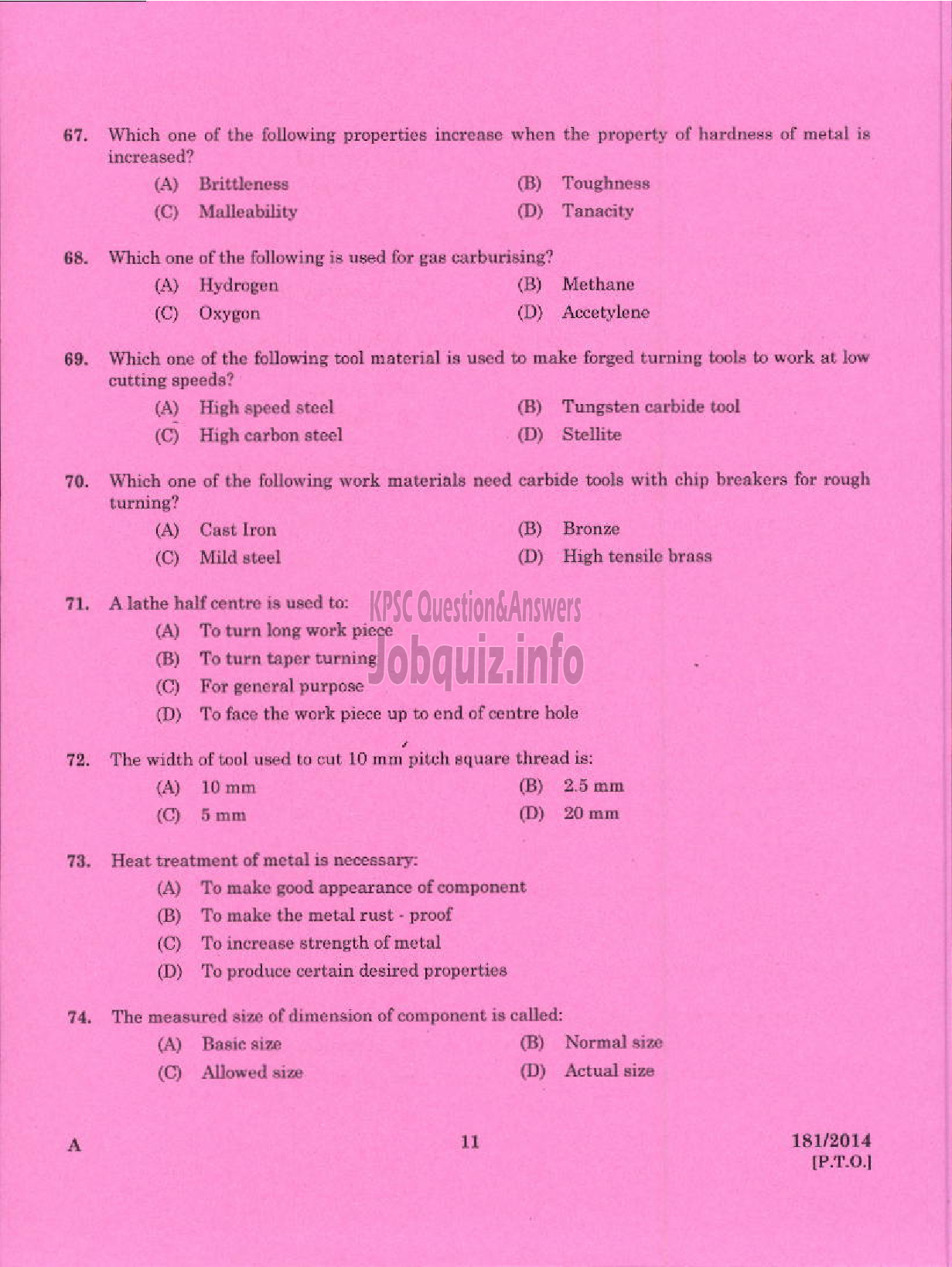 Kerala PSC Question Paper - TRADESMAN TURNING TECHNICAL EDUCATION TVM PKD KGD ( Malayalam ) -9