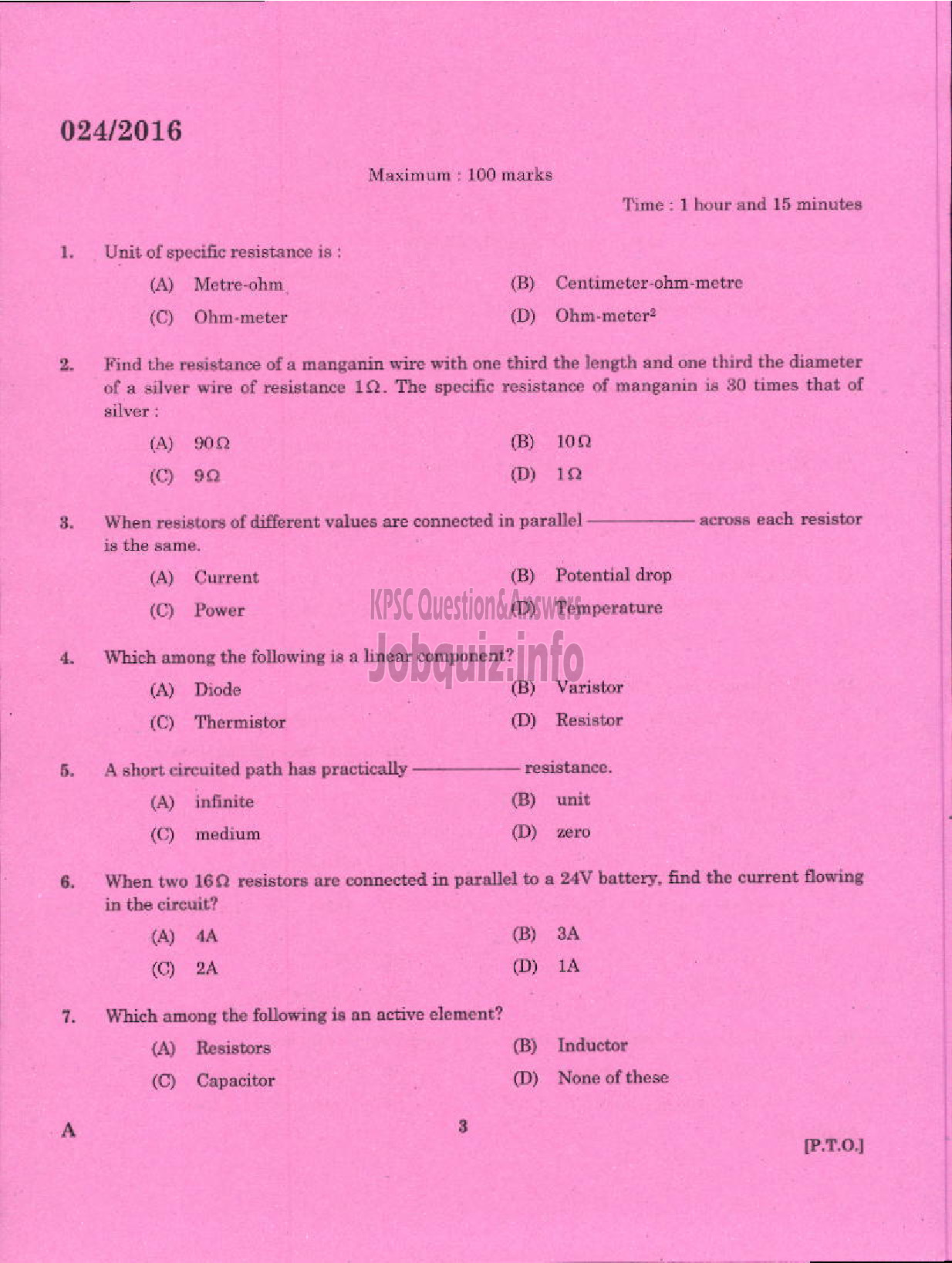 Kerala PSC Question Paper - TRADESMAN TV MAINTENANCE AND REPAIRS TECHNICAL EDUCATION-1