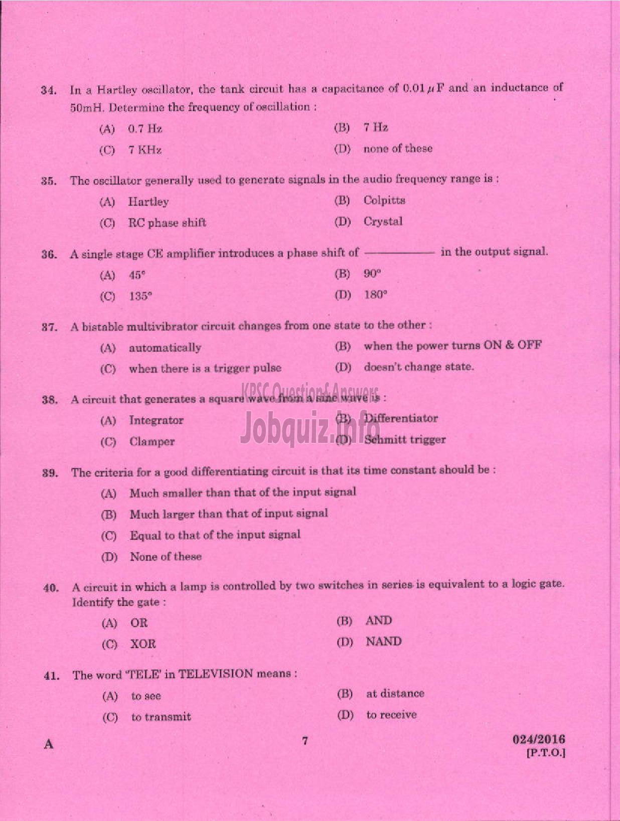 Kerala PSC Question Paper - TRADESMAN TV MAINTENANCE AND REPAIRS TECHNICAL EDUCATION-5