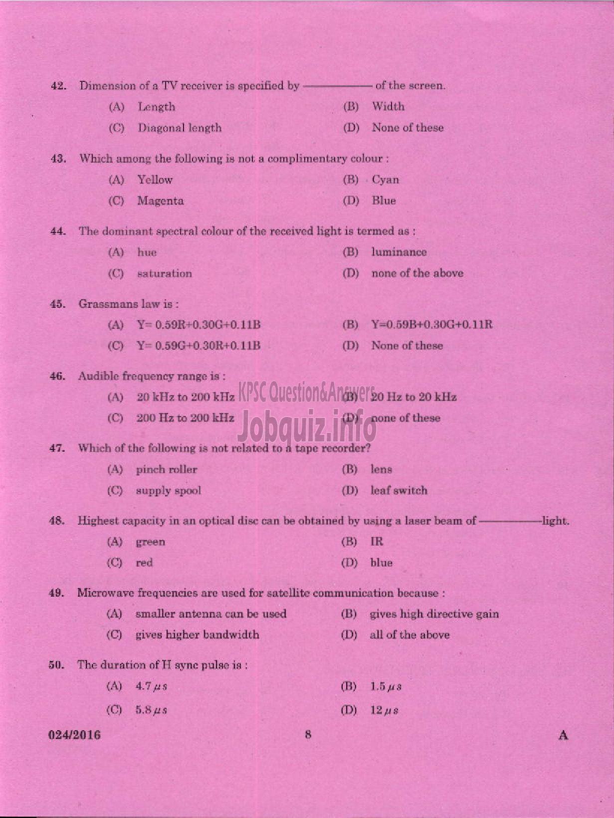 Kerala PSC Question Paper - TRADESMAN TV MAINTENANCE AND REPAIRS TECHNICAL EDUCATION-6