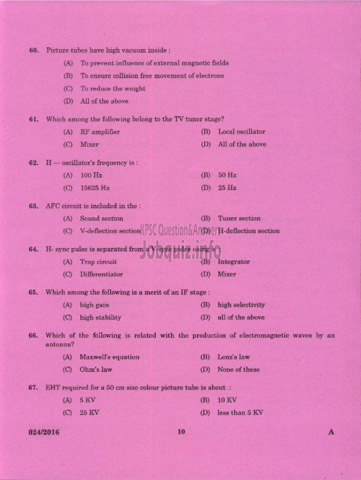 Kerala PSC Question Paper - TRADESMAN TV MAINTENANCE AND REPAIRS TECHNICAL EDUCATION-8