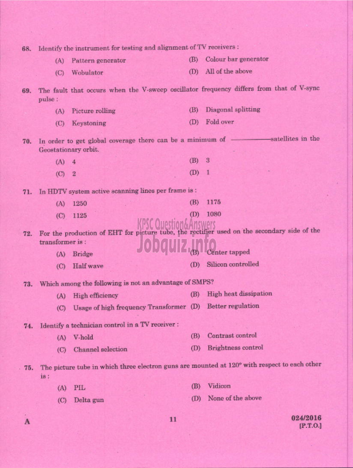 Kerala PSC Question Paper - TRADESMAN TV MAINTENANCE AND REPAIRS TECHNICAL EDUCATION-9