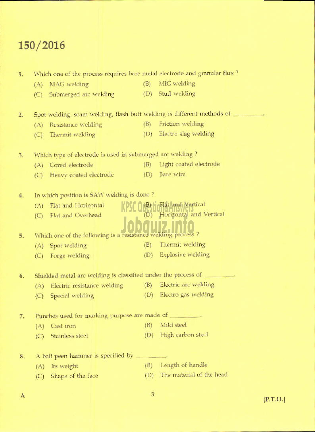 Kerala PSC Question Paper - TRADESMAN WELDING TECHNICAL EDUCATION-1