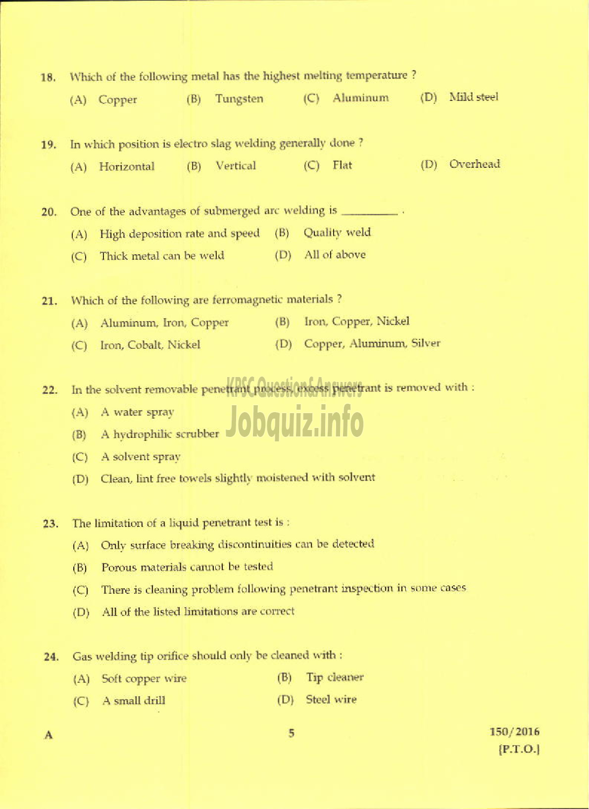 Kerala PSC Question Paper - TRADESMAN WELDING TECHNICAL EDUCATION-3