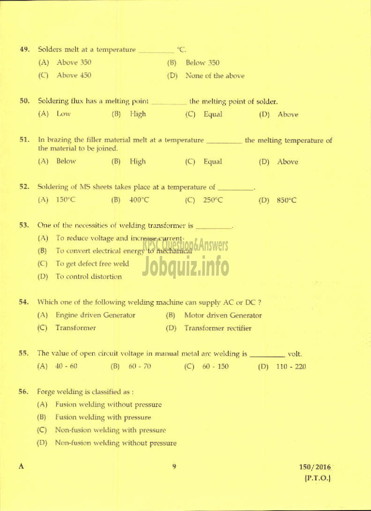 Kerala PSC Question Paper - TRADESMAN WELDING TECHNICAL EDUCATION-7