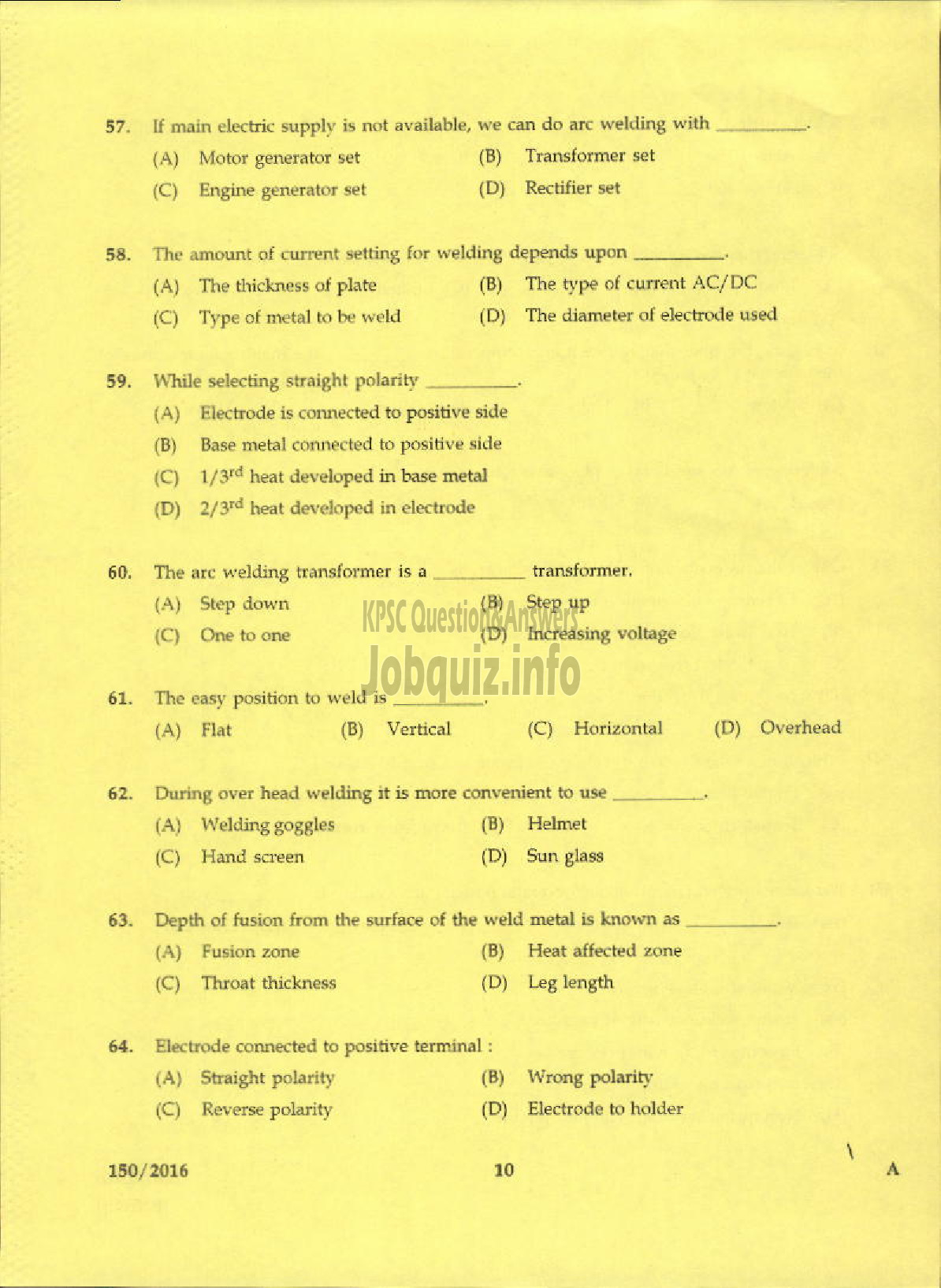 Kerala PSC Question Paper - TRADESMAN WELDING TECHNICAL EDUCATION-8