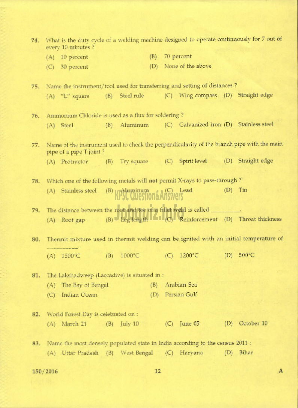 Kerala PSC Question Paper - TRADESMAN WELDING TECHNICAL EDUCATION-10