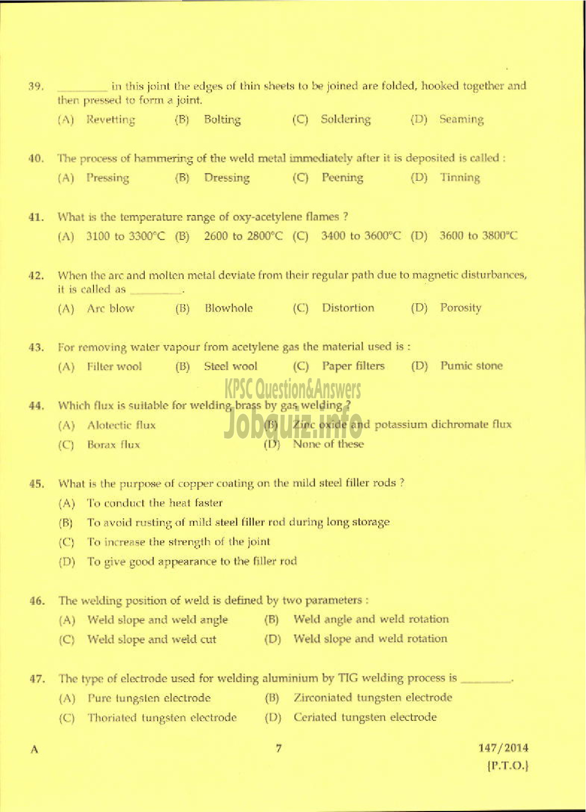 Kerala PSC Question Paper - TRADESMAN WELDING TECHNICAL EDUCATION TVM KLM PTA KTM EKM TSR MPM KKD KNR DISTS-5