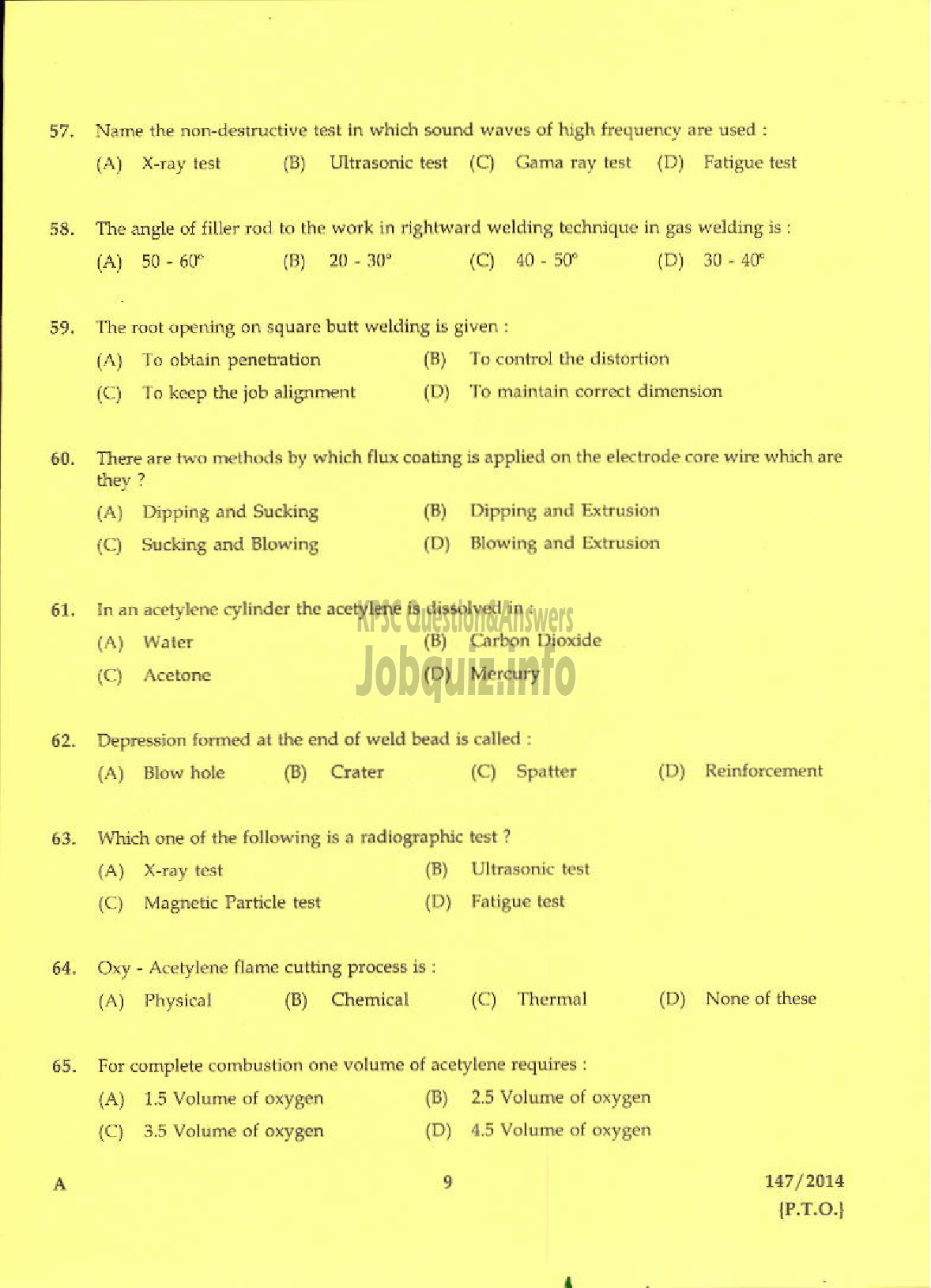 Kerala PSC Question Paper - TRADESMAN WELDING TECHNICAL EDUCATION TVM KLM PTA KTM EKM TSR MPM KKD KNR DISTS-7