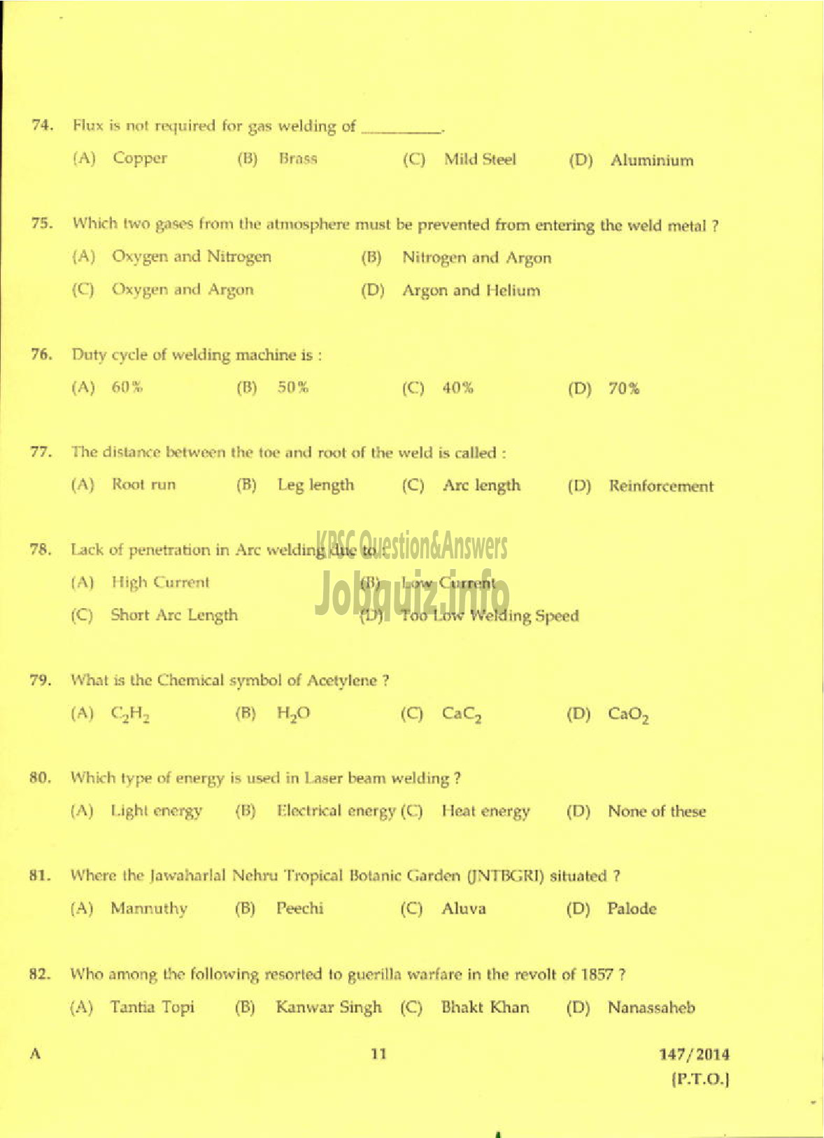 Kerala PSC Question Paper - TRADESMAN WELDING TECHNICAL EDUCATION TVM KLM PTA KTM EKM TSR MPM KKD KNR DISTS-9