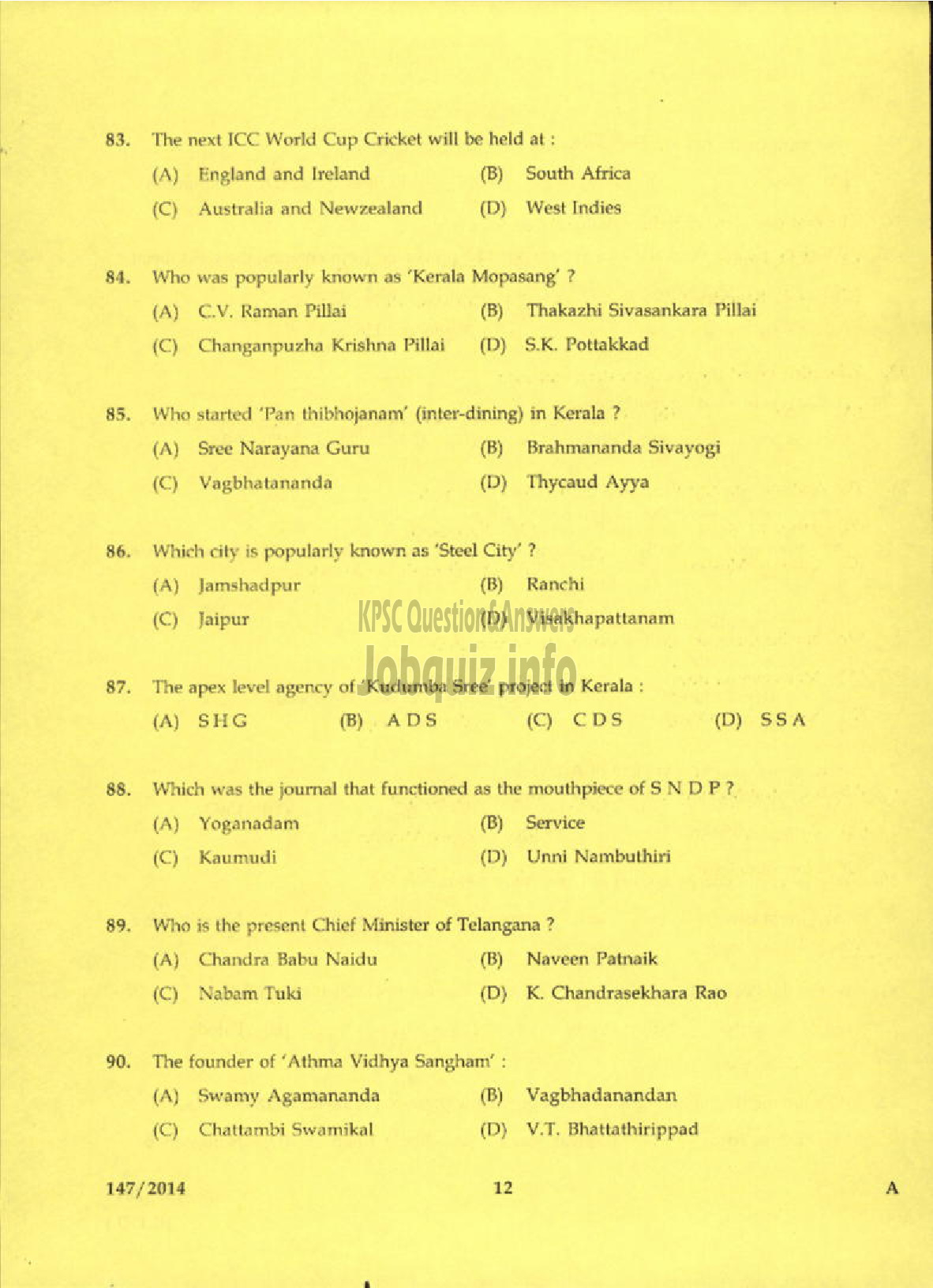 Kerala PSC Question Paper - TRADESMAN WELDING TECHNICAL EDUCATION TVM KLM PTA KTM EKM TSR MPM KKD KNR DISTS-10