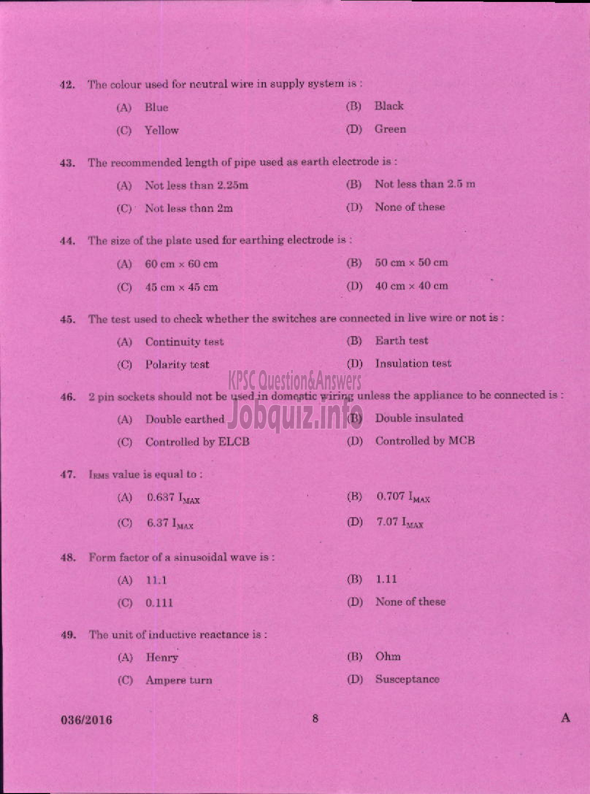 Kerala PSC Question Paper - TRADESMAN WIREMAN TECHNICAL EDUCATION-6