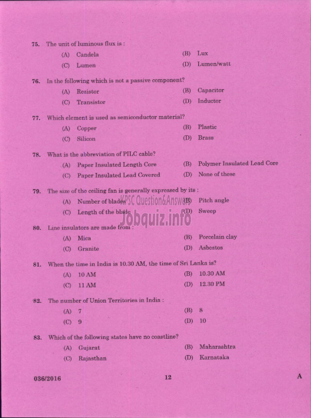 Kerala PSC Question Paper - TRADESMAN WIREMAN TECHNICAL EDUCATION-10