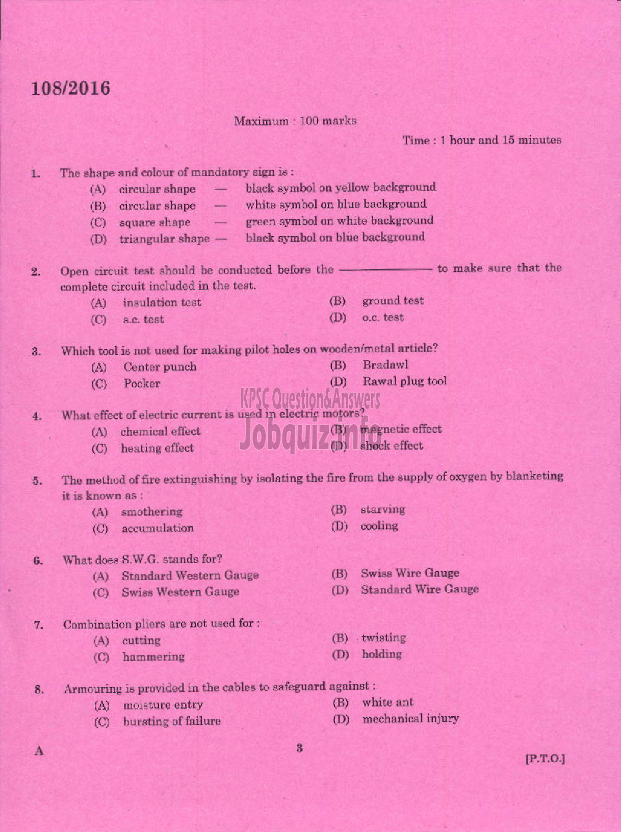 Kerala PSC Question Paper - TRADESMAN WIREMAN TECHNICAL EDUCATION-1