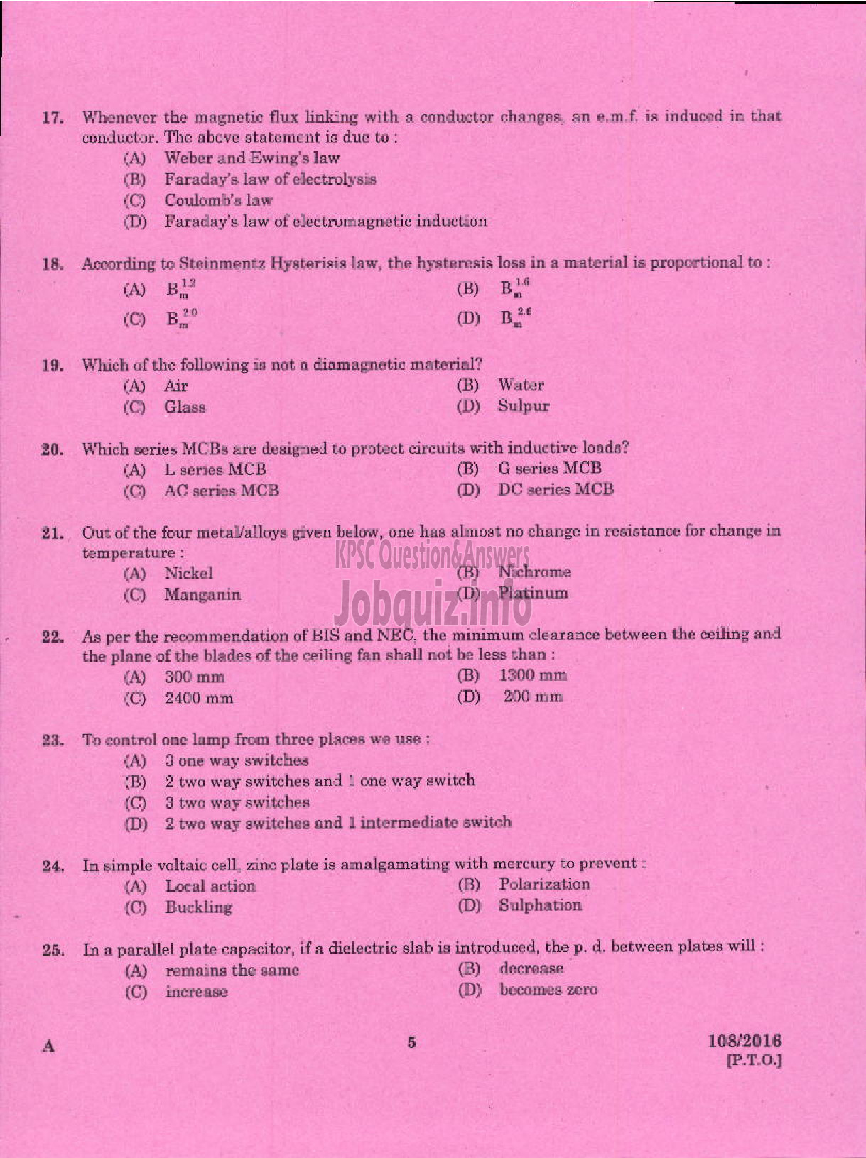 Kerala PSC Question Paper - TRADESMAN WIREMAN TECHNICAL EDUCATION-3