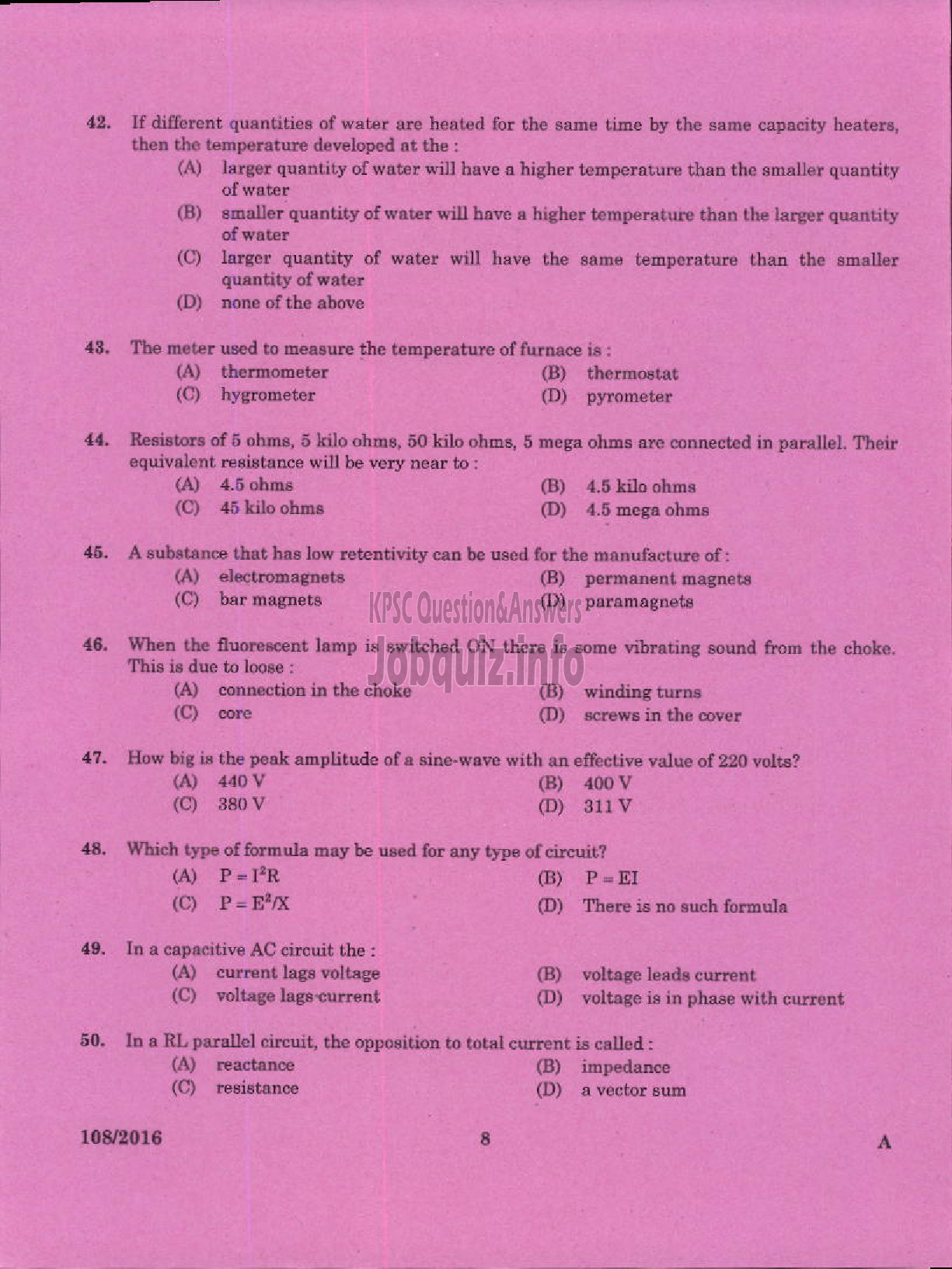 Kerala PSC Question Paper - TRADESMAN WIREMAN TECHNICAL EDUCATION-6