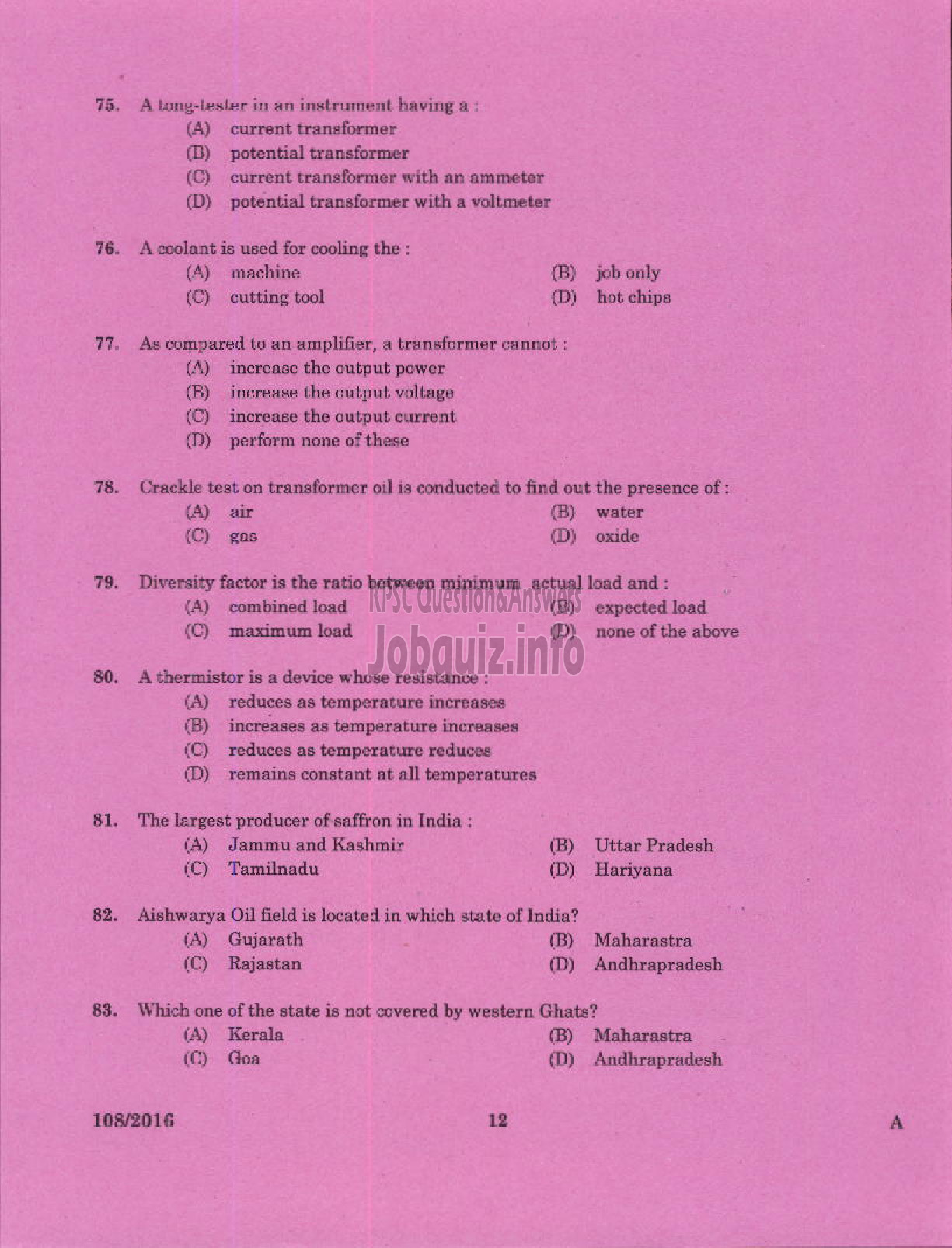 Kerala PSC Question Paper - TRADESMAN WIREMAN TECHNICAL EDUCATION-10