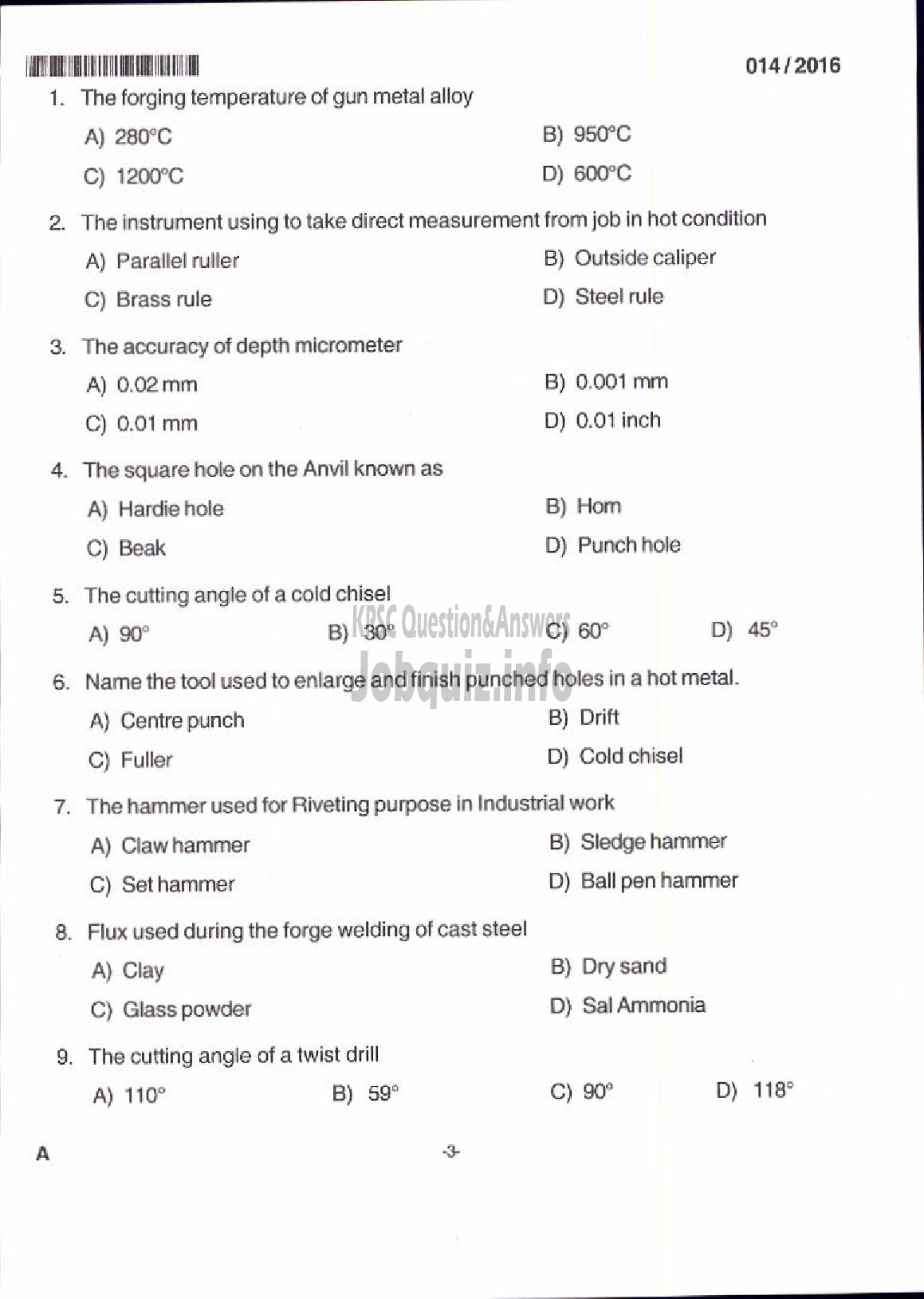 Kerala PSC Question Paper - TRADES INSTRUCTOR GR II SMITHY TECHNICAL EDUCATION-1