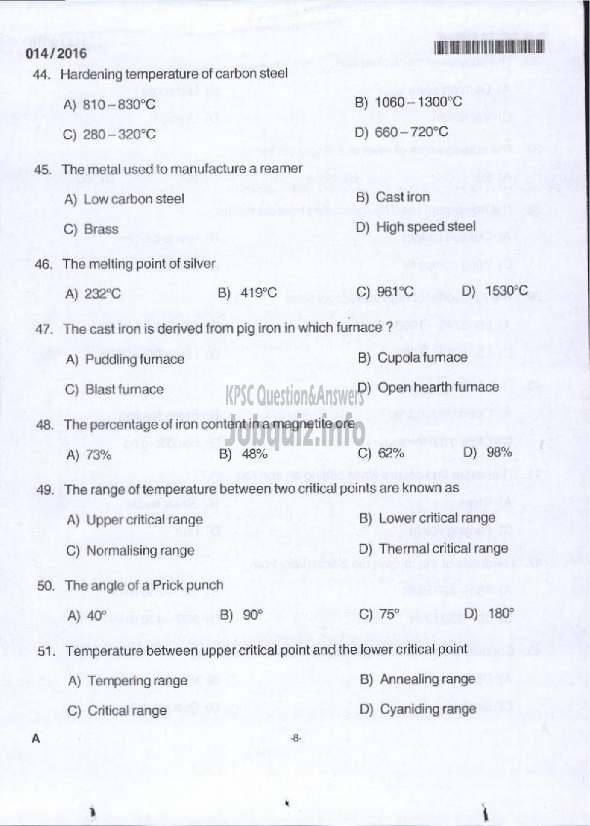 Kerala PSC Question Paper - TRADES INSTRUCTOR GR II SMITHY TECHNICAL EDUCATION-6