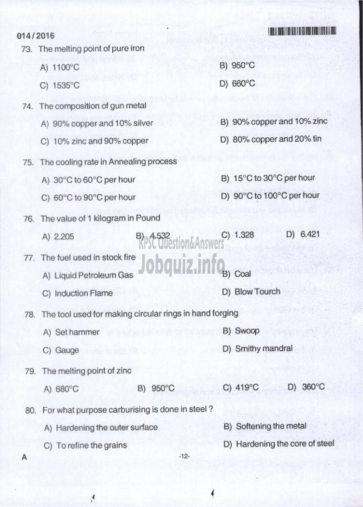 Kerala PSC Question Paper - TRADES INSTRUCTOR GR II SMITHY TECHNICAL EDUCATION-10