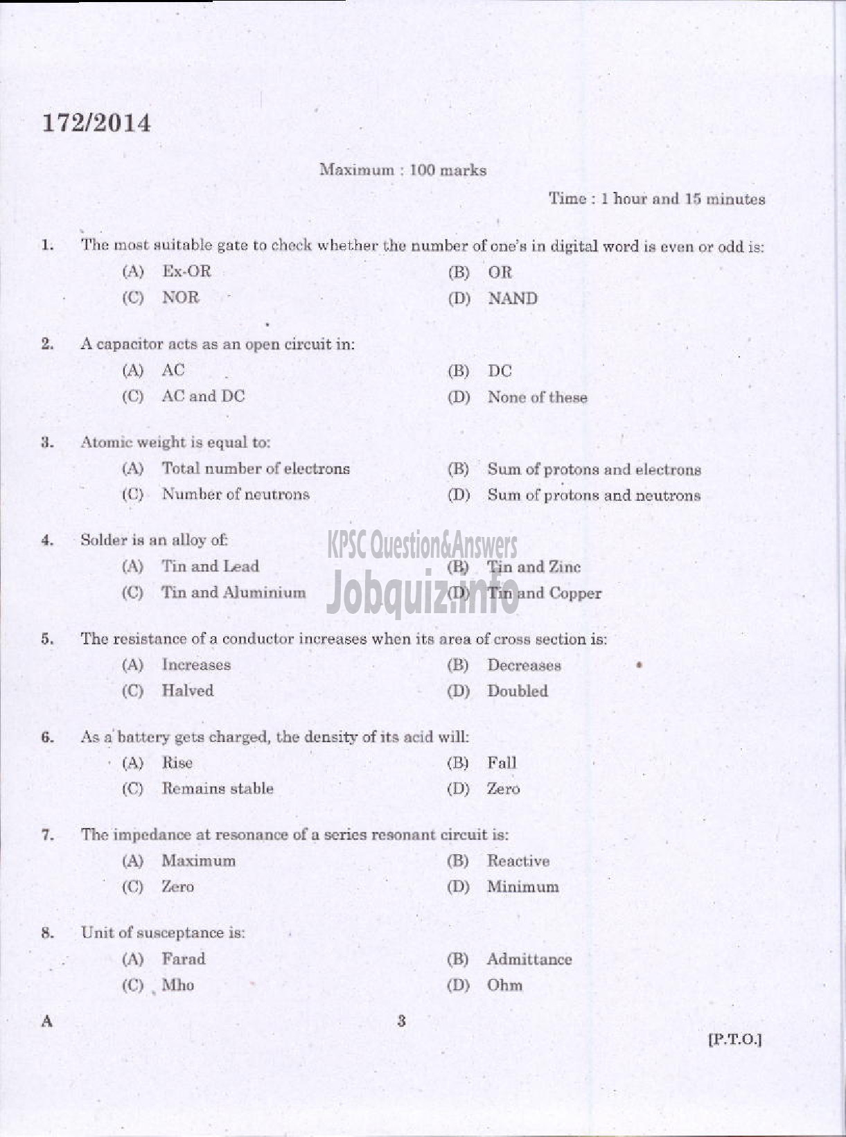 Kerala PSC Question Paper - TRADES MAN ELECTRONICS TECHNICAL EDUCATION TVM KTYM KKD-1