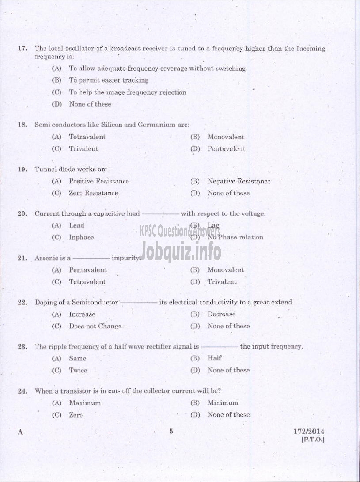 Kerala PSC Question Paper - TRADES MAN ELECTRONICS TECHNICAL EDUCATION TVM KTYM KKD-3