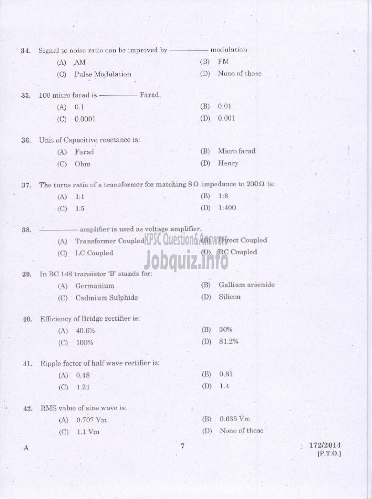 Kerala PSC Question Paper - TRADES MAN ELECTRONICS TECHNICAL EDUCATION TVM KTYM KKD-5