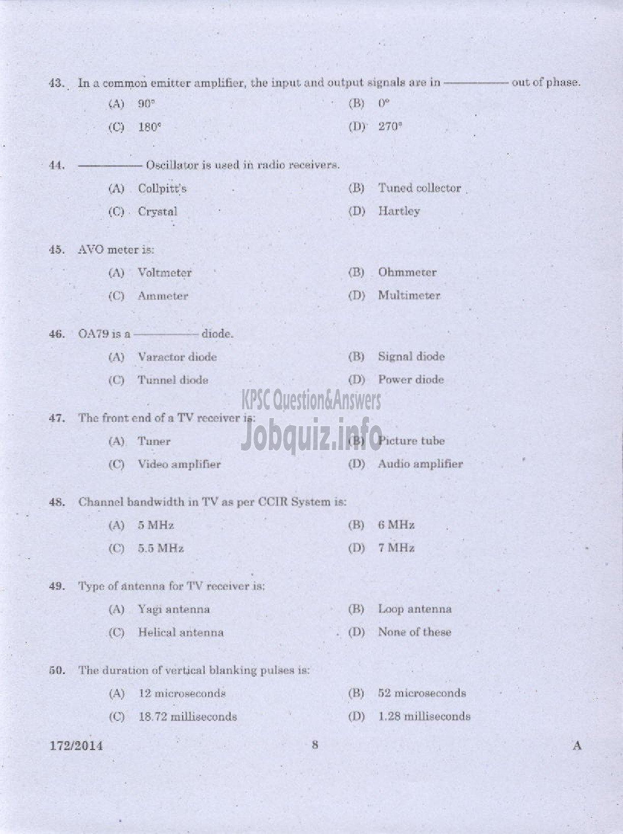 Kerala PSC Question Paper - TRADES MAN ELECTRONICS TECHNICAL EDUCATION TVM KTYM KKD-6