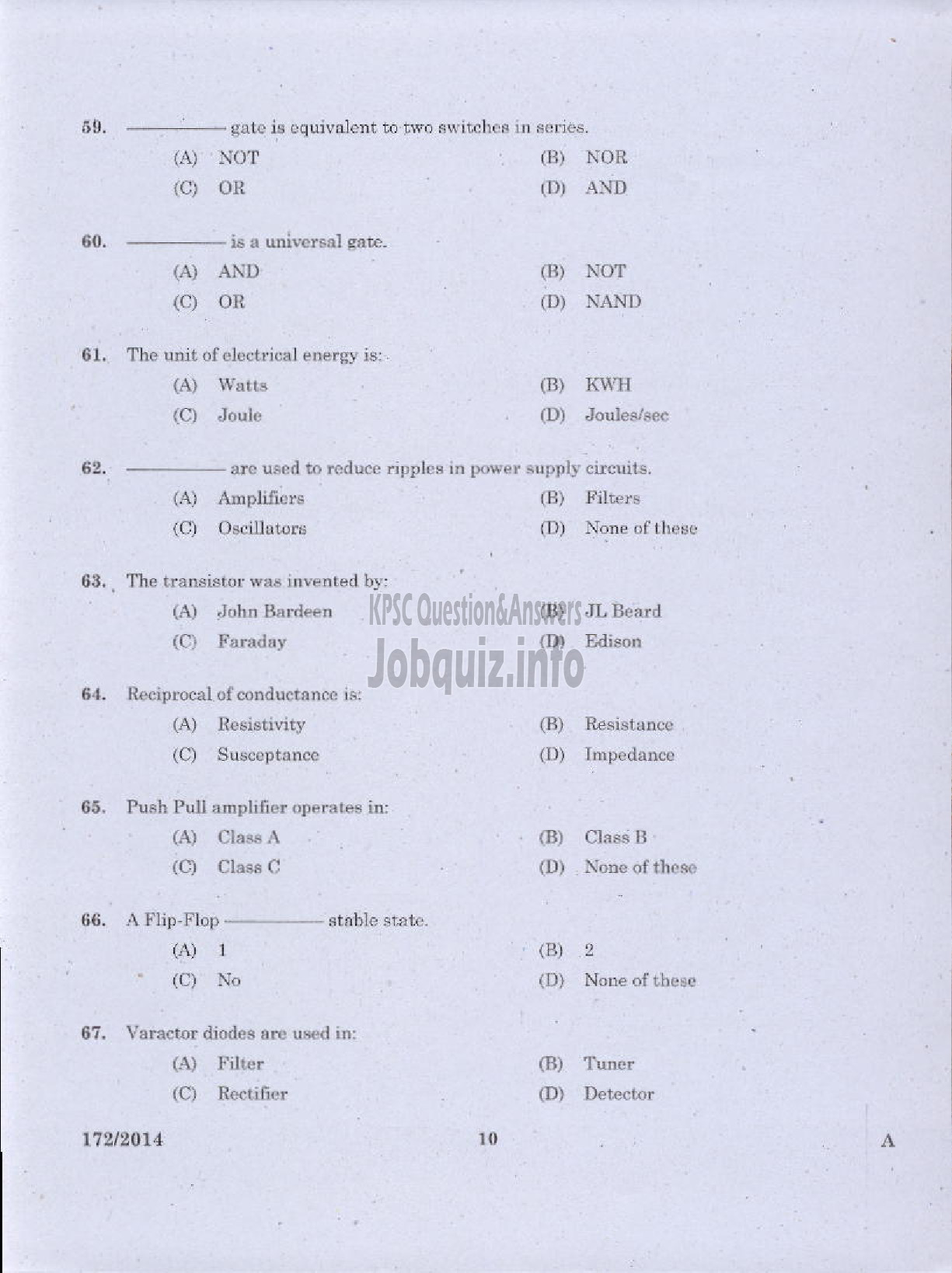 Kerala PSC Question Paper - TRADES MAN ELECTRONICS TECHNICAL EDUCATION TVM KTYM KKD-8