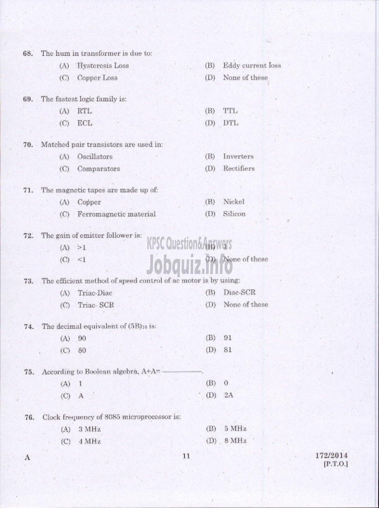 Kerala PSC Question Paper - TRADES MAN ELECTRONICS TECHNICAL EDUCATION TVM KTYM KKD-9