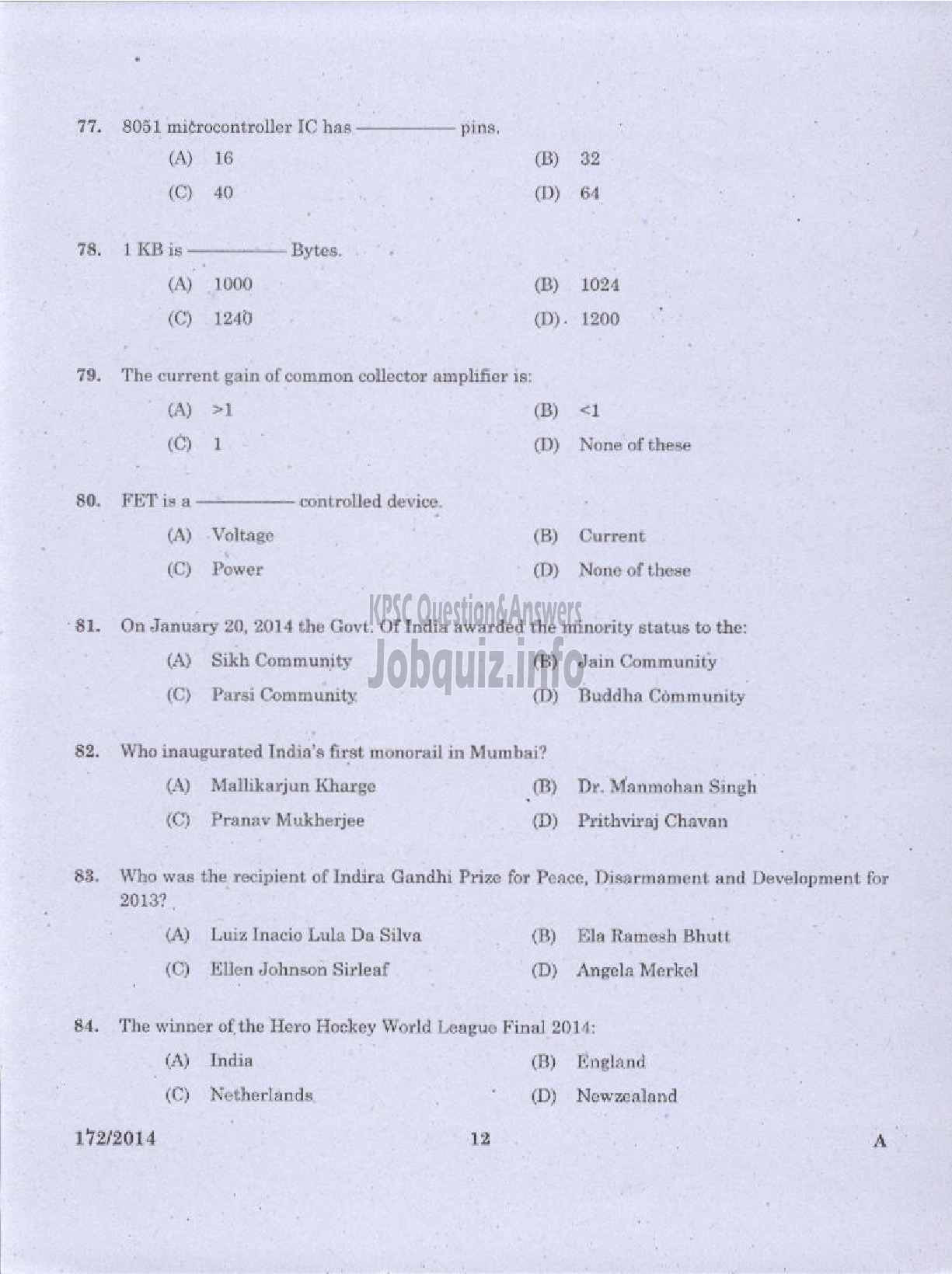 Kerala PSC Question Paper - TRADES MAN ELECTRONICS TECHNICAL EDUCATION TVM KTYM KKD-10